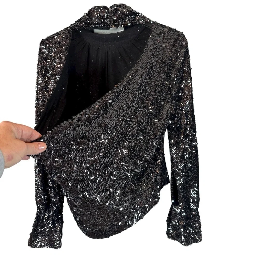 FREE PEOPLE Women's Small Moonstruck Black Sequins High Neck Open Back Blouse